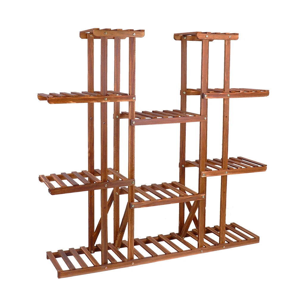 Multi-tier wooden plant stand "Nature's Staircase" showcasing various layers for displaying plants, perfect for adding a touch of nature to your home. Available from Nest Haven Shop, WOOD, GARDEN, LIVING ROOM