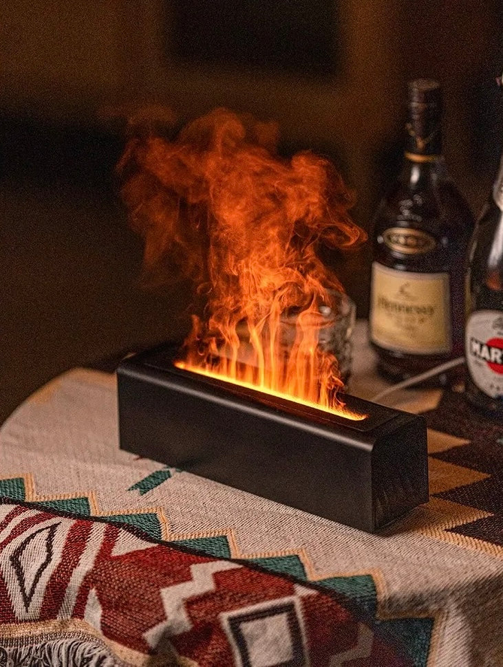 Sleek black diffuser emitting a colorful simulation flame, creating a relaxing ambiance with soothing mist on a patterned tablecloth, NestHaven Shop, Home page