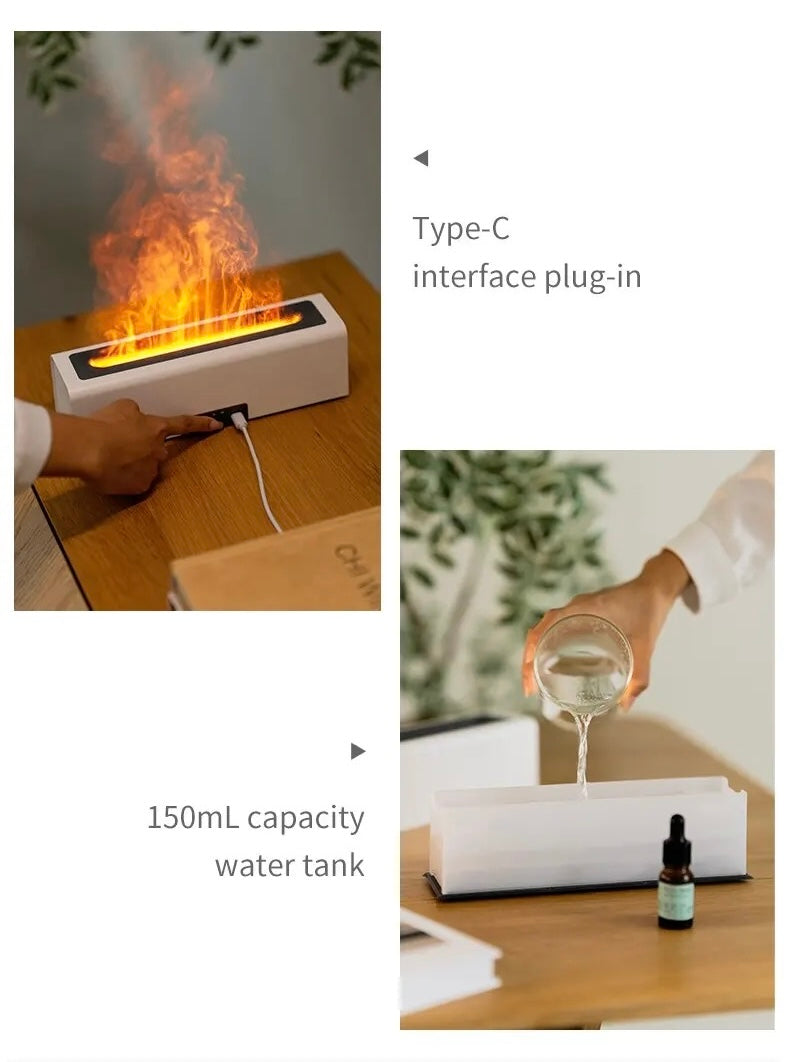 Fireplace Diffuser with colorful flame simulation, featuring a Type-C interface plug-in and a 150mL water tank for smooth mist discharge. Perfect relaxation addition from NestHaven Shop, Home page.