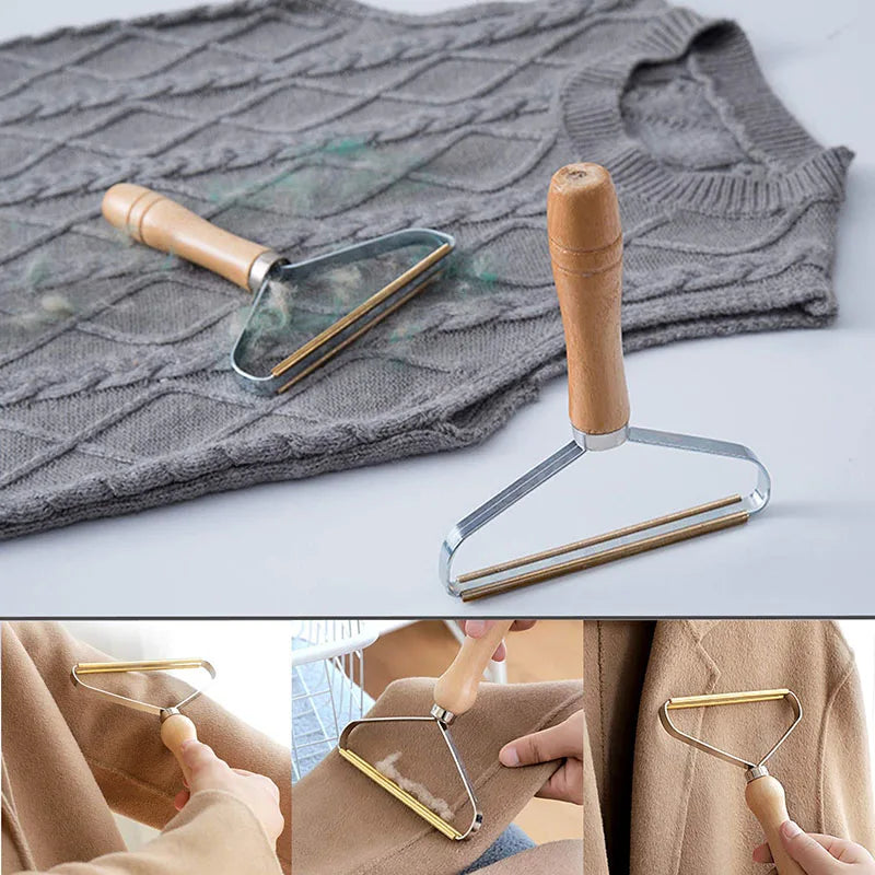 Elegant lint remover with a sturdy metal handle and wooden grip, shown in use on various fabrics removing lint and pilling efficiently. Perfect for revitalizing clothing and other textiles, adds a touch of vintage charm. Nest Haven Shop.