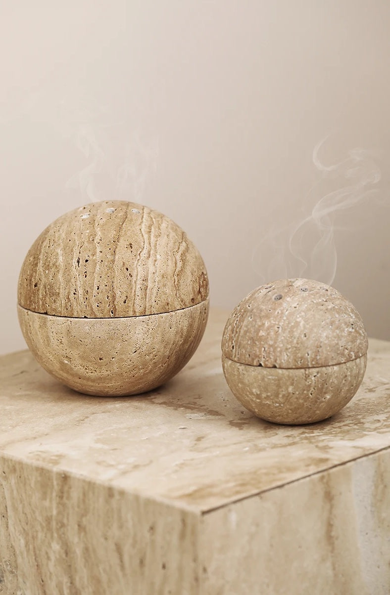 Stylish travertine Aroma Sphere incense burner for home decoration and perfect for meditation, yoga, and aromatherapy rituals. Nest Haven Shop, CERAMIC, BEDROOM, OFFICE, BATHROOM, LIVING ROOM