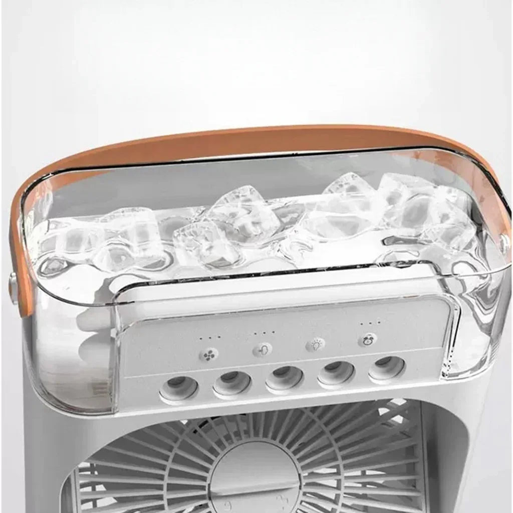 Close-up of the Portable Air Conditioner with ice in its removable water tank, featuring a stylish leather handle and control buttons. Perfect for OFFICE and SUMMER. Available at Nest Haven Shop.