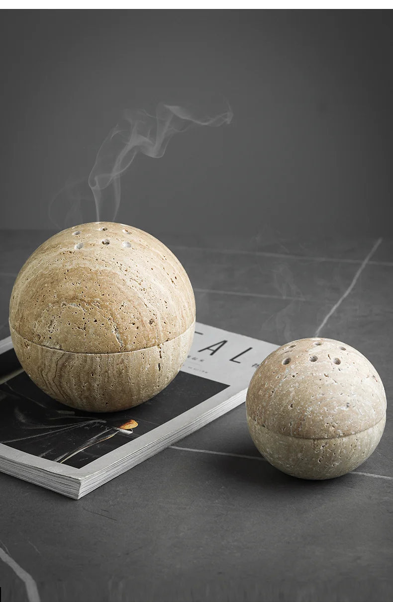 Travertine Aroma Sphere incense burner, perfect for home decor and gifting for meditation or aromatherapy enthusiasts. Suitable for cone incense, Palo Santo sticks, white sage bundles, and incense sticks. Nest Haven Shop, CERAMIC, BEDROOM, OFFICE, BATHROOM, LIVING ROOM