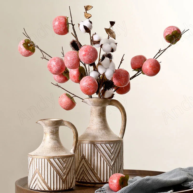 Antique Ceramic Vase with delicate vertical and chevron patterns, styled with vibrant faux red fruits and cotton stems on a wooden table, perfect for adding a modern touch to your living space. Nest Haven Shop, CERAMIC, LIVING ROOM