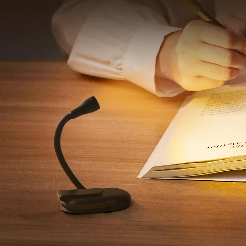 Portable book light with a 360° flexible neck and sturdy clip, perfect for nighttime reading without eye strain. Nest Haven Shop, BEDROOM.