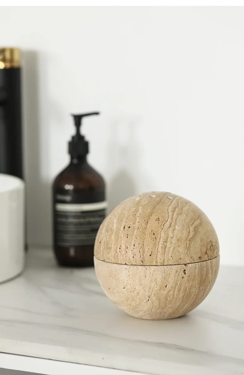 Stylish travertine aroma sphere incense burner on a modern countertop, perfect for home decoration or as a meditation, yoga, and aromatherapy gift. Ideal for incense cones, Palo Santo sticks, white sage, and incense sticks. Nest Haven Shop, CERAMIC, BEDROOM, OFFICE, BATHROOM, LIVING ROOM