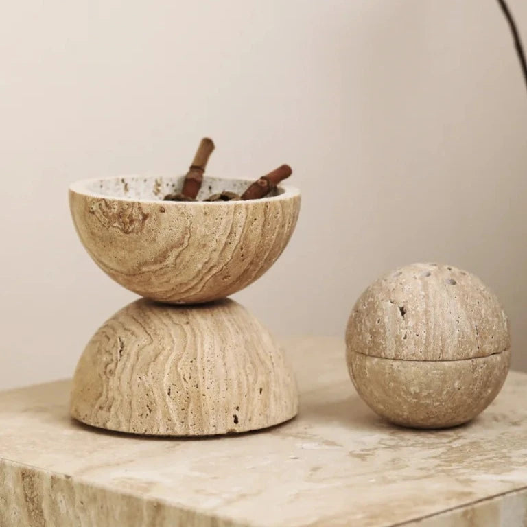 Travertine Aroma Sphere incense burner with Palo Santo sticks, perfect for meditation, yoga, and aromatherapy. Adds a touch of elegance to home decor, contains ashes neatly, and suitable for cone incense, white sage, and incense sticks. Available at Nest Haven Shop, CERAMIC, BEDROOM, OFFICE, BATHROOM, LIVING ROOM.