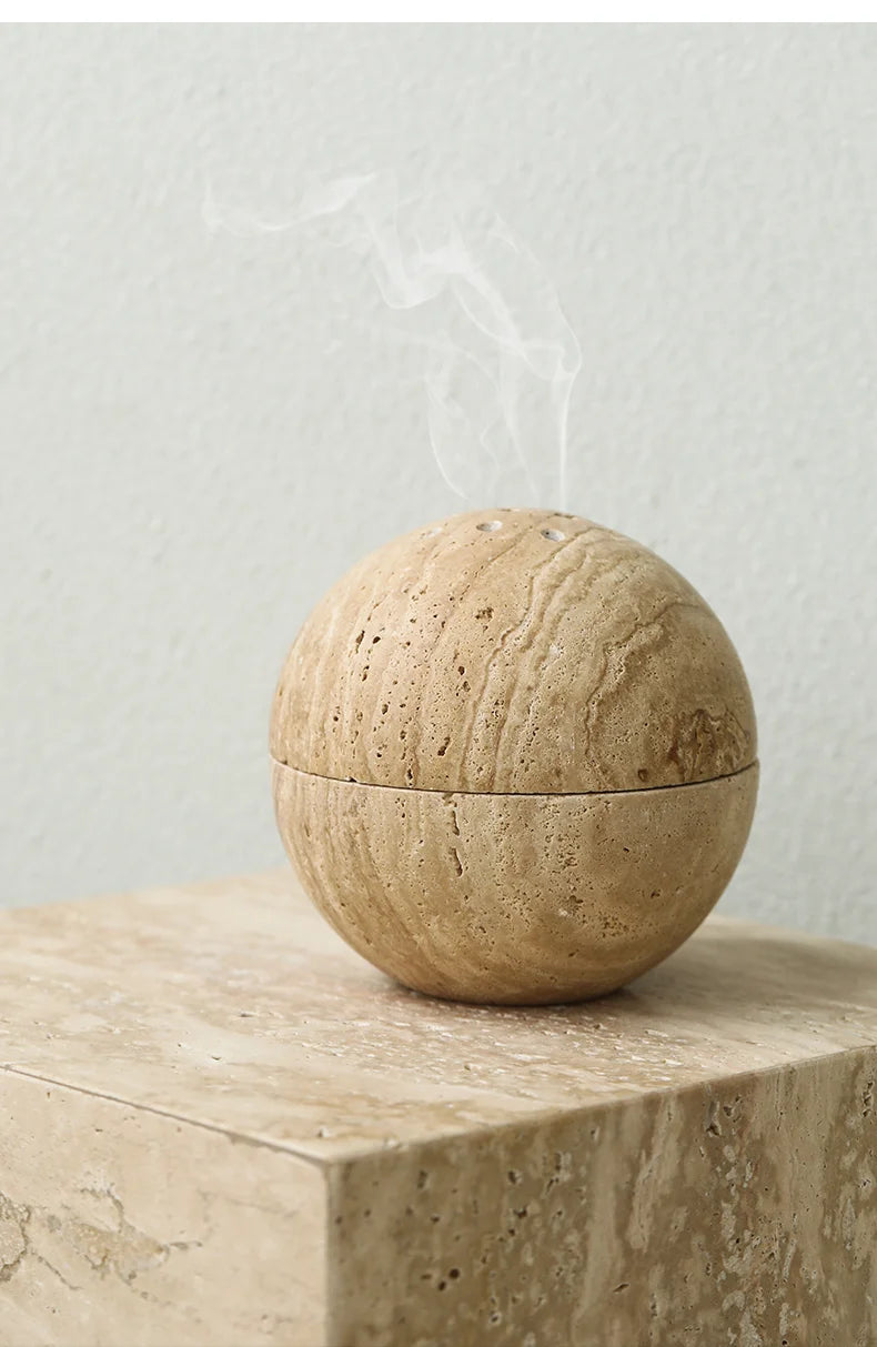 Elegant Aroma Sphere incense burner made from travertine. Perfect for home decoration, meditation, yoga, and aromatherapy. Nest Haven Shop, CERAMIC, BEDROOM, OFFICE, BATHROOM, LIVING ROOM.