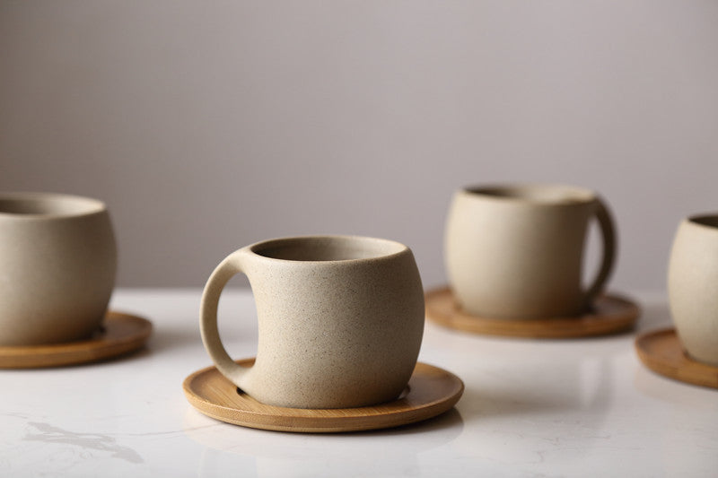 Ceramic Coffee Cup and Wooden Saucer Set, rustic and modern with an easy-grip handle, 220 ml capacity, perfect for cozy coffee moments or decorative accents. Nest Haven Shop, KITCHEN