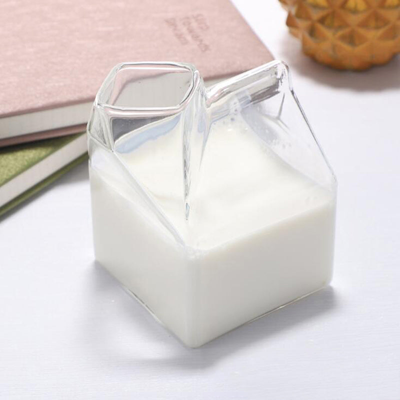 Unique glass mimicking a classic milk carton filled with milk, made of high-quality clear glass, perfect for milk, juice, or any beverage - 12 oz (350 ml) capacity. Nest Haven Shop, GLASS, KITCHEN