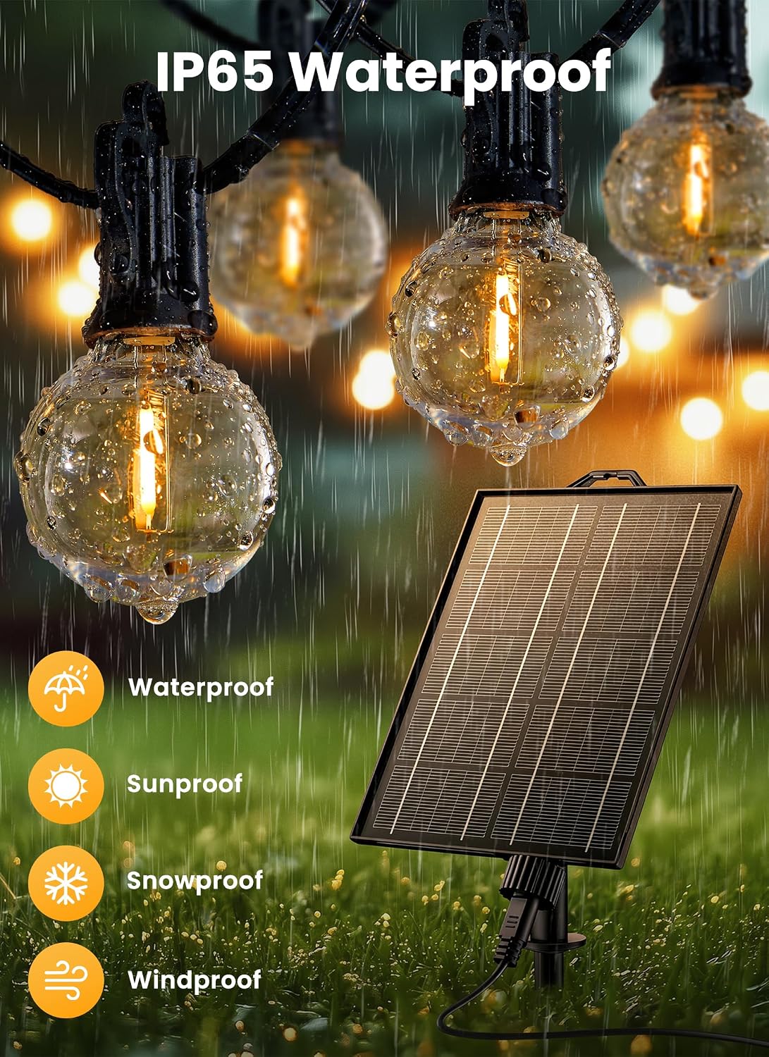 Brightown 108FT 52LED Solar String Lights Outdoor with Remote & USB Port, Shatterproof Bulbs, Dimmable & Timable, 3 Modes, Patio Lights Solar Powered with Mount Clips for Camping Backyard Garden Decor - Image 3