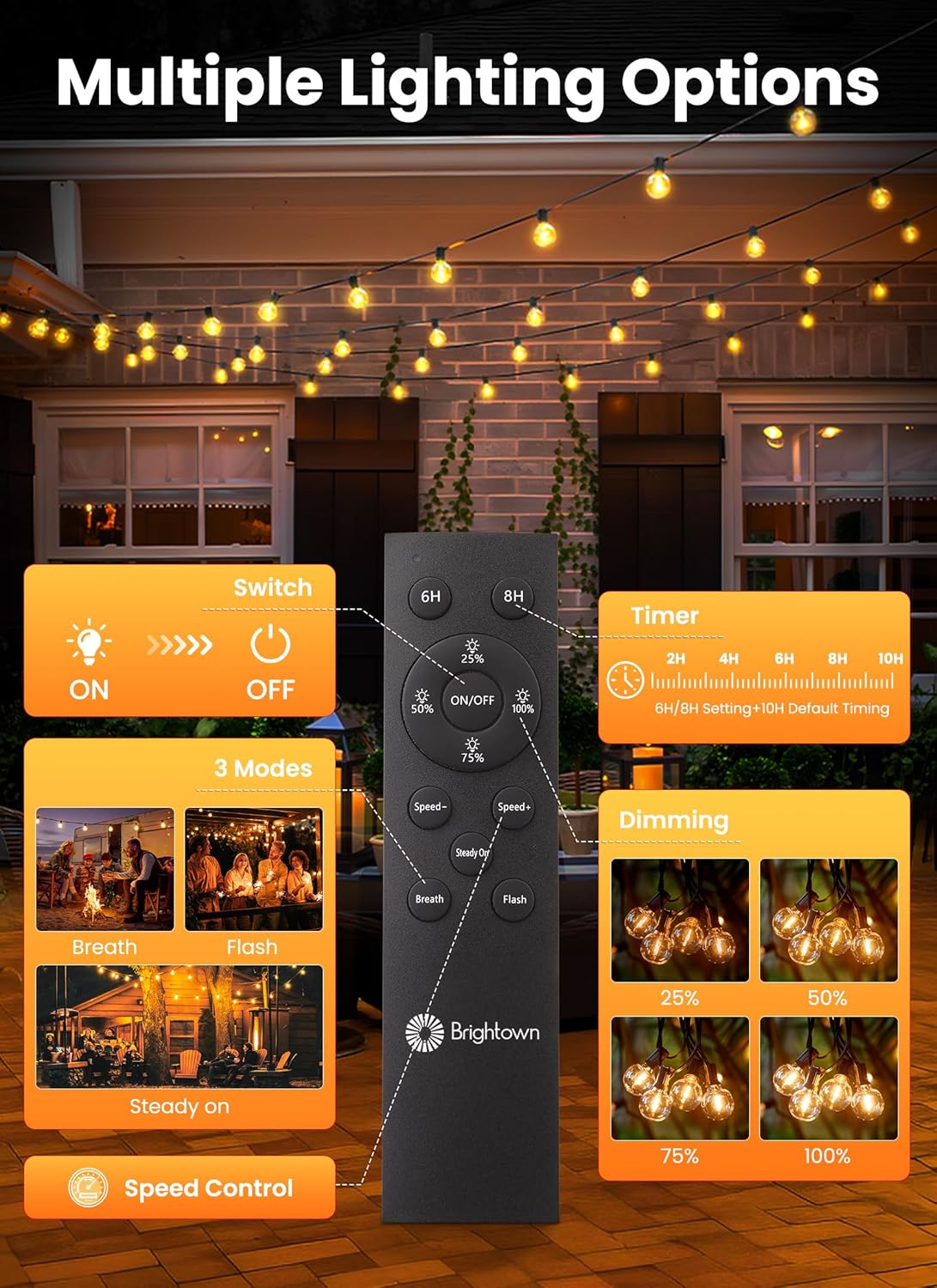 Brightown 108FT 52LED Solar String Lights Outdoor with Remote & USB Port, Shatterproof Bulbs, Dimmable & Timable, 3 Modes, Patio Lights Solar Powered with Mount Clips for Camping Backyard Garden Decor - Image 6