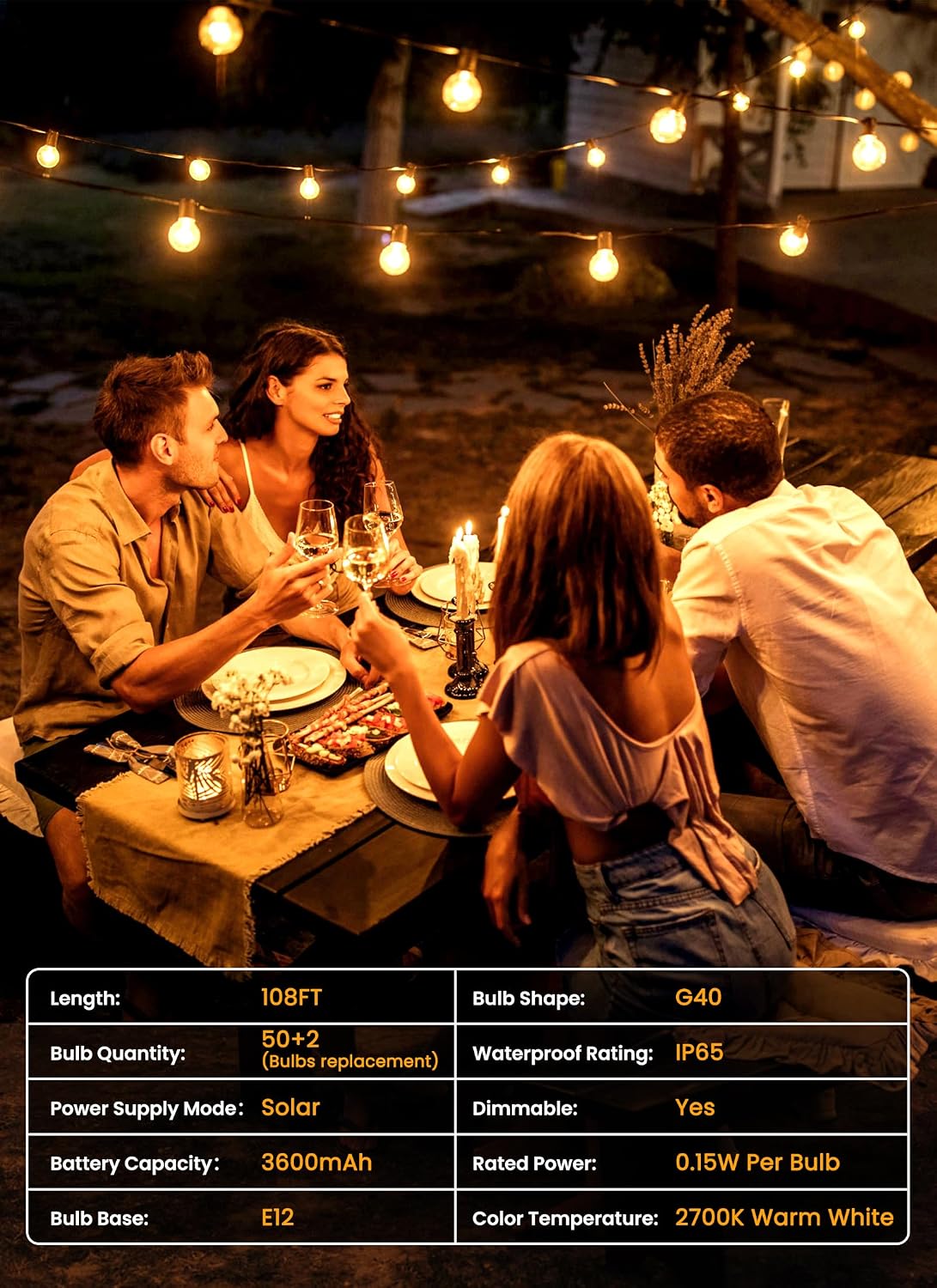 Brightown 108FT 52LED Solar String Lights Outdoor with Remote & USB Port, Shatterproof Bulbs, Dimmable & Timable, 3 Modes, Patio Lights Solar Powered with Mount Clips for Camping Backyard Garden Decor - Image 7