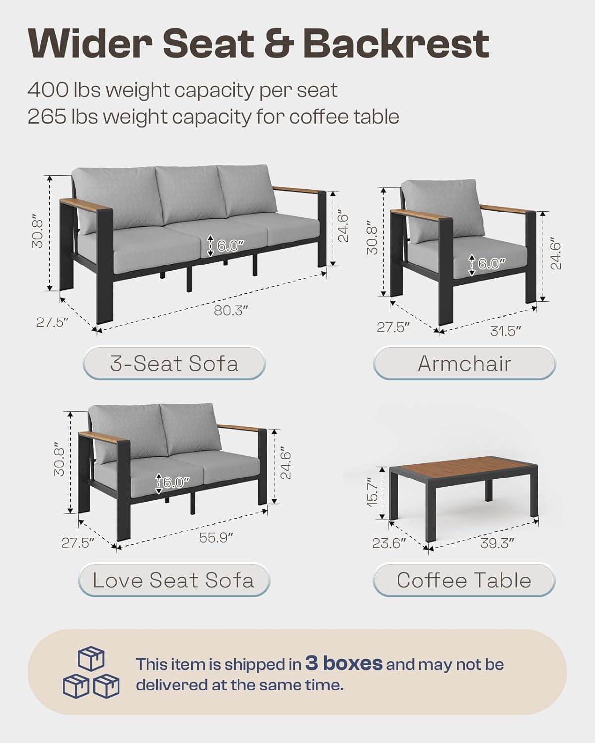 Aluminum Outdoor Patio Furniture Set with Coffee Table, 4 Piece Patio Conversation Sets with Washable Thick Cushions, Outdoor Sectional Furniture Set for Poolside, Balcony, Deck, Gray - Image 8
